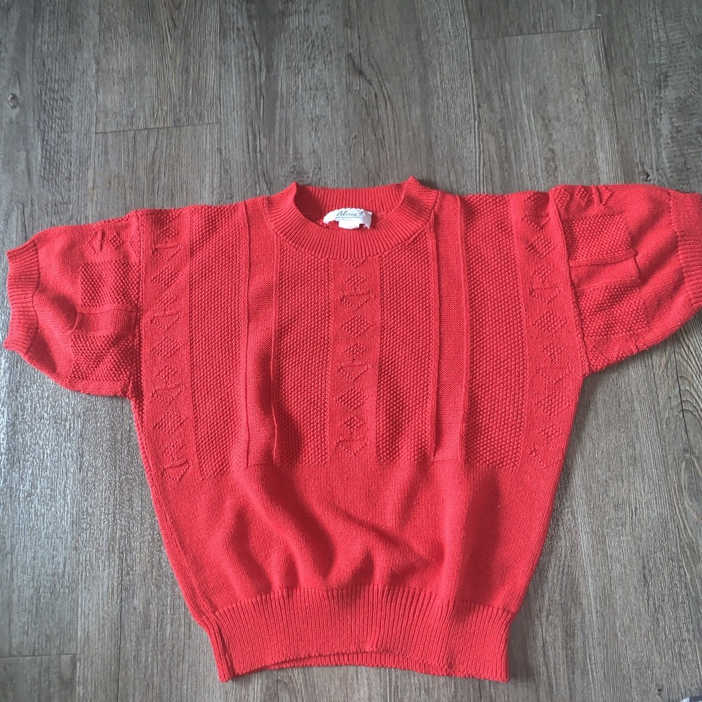 Vintage Alicia Petite Short Sleeve Strawberry Red Cotton Knit Sweater, Sz Sm